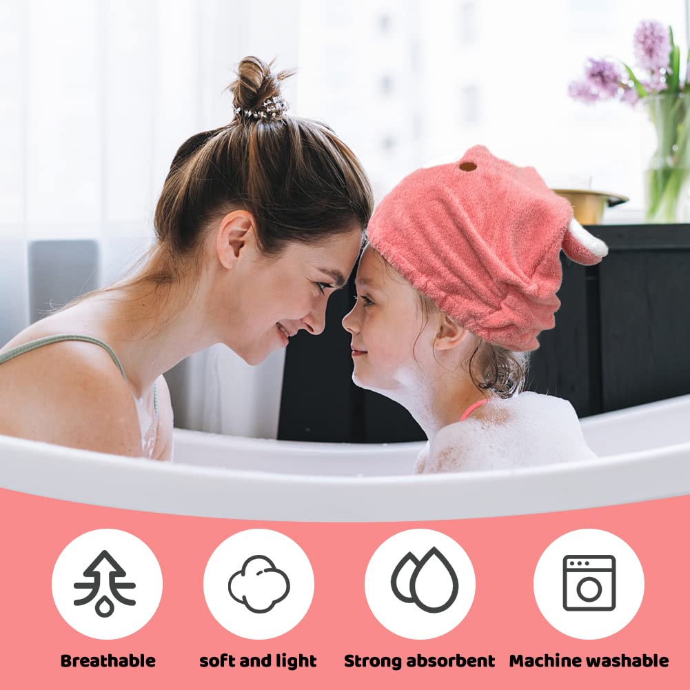 SwirlColor Hair Towel Wrap Hat for Kids, 2 Pcs Cute Cartoon Bear Microfibre Hair Towel Wrap Super Absorbent Quick Drying Turban Cap Pink and Camel