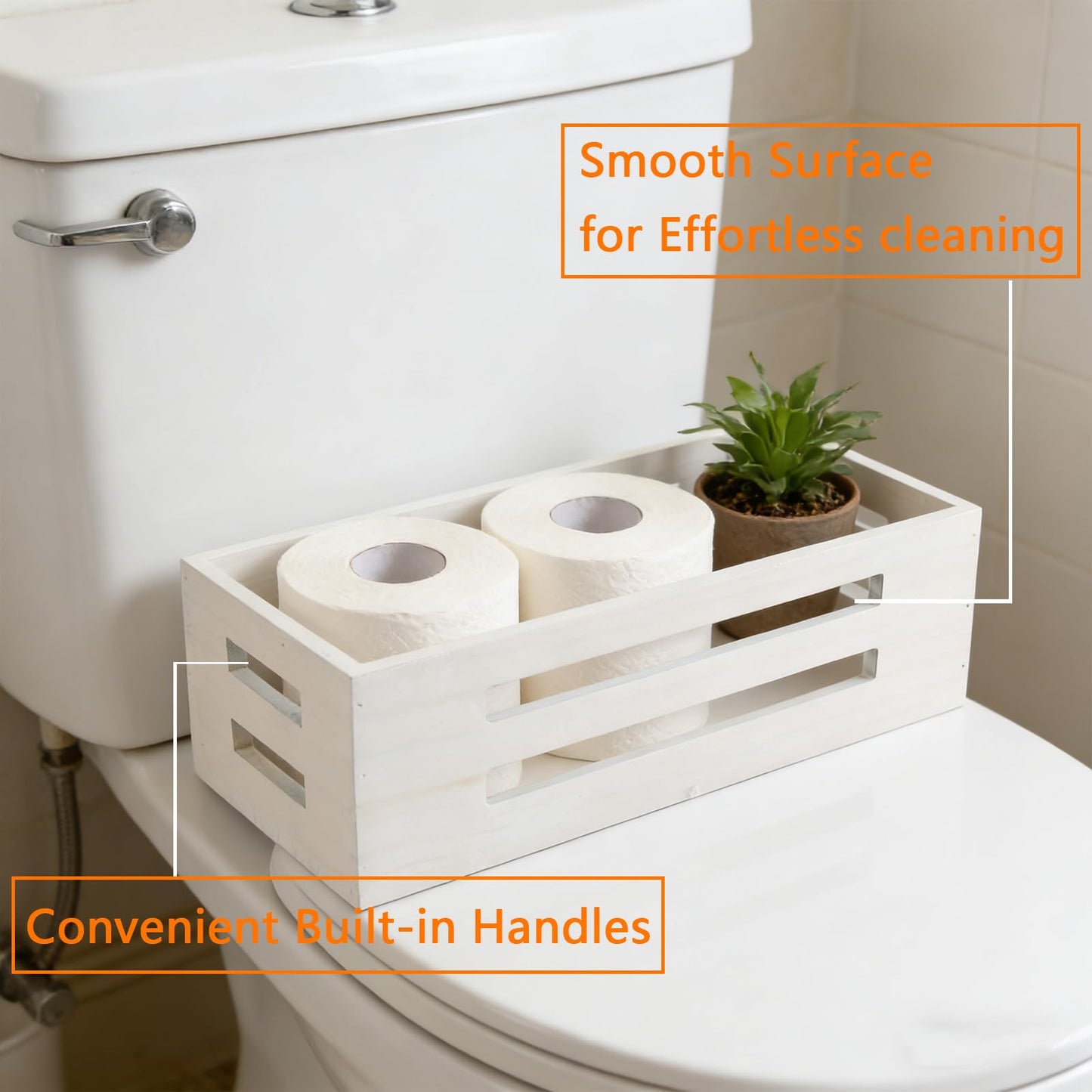 Punorric Wooden Toilet Paper Basket, White Bathroom Storage Basket with Handle, Toilet Paper Organiser Tray for Bath