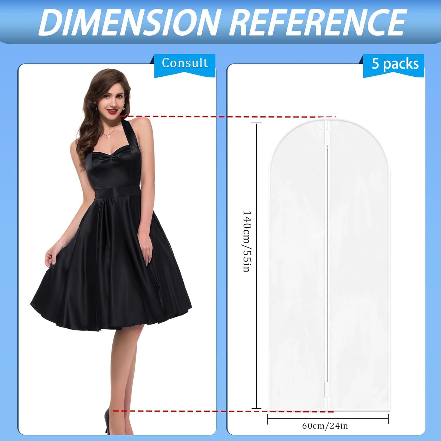 Garment Bags, pack of 5, 60 cm x 140 cm, translucent PEVA Dress bags with zippers, durable Clothes Covers, Reusable Garment Bags for Suits, Dresses