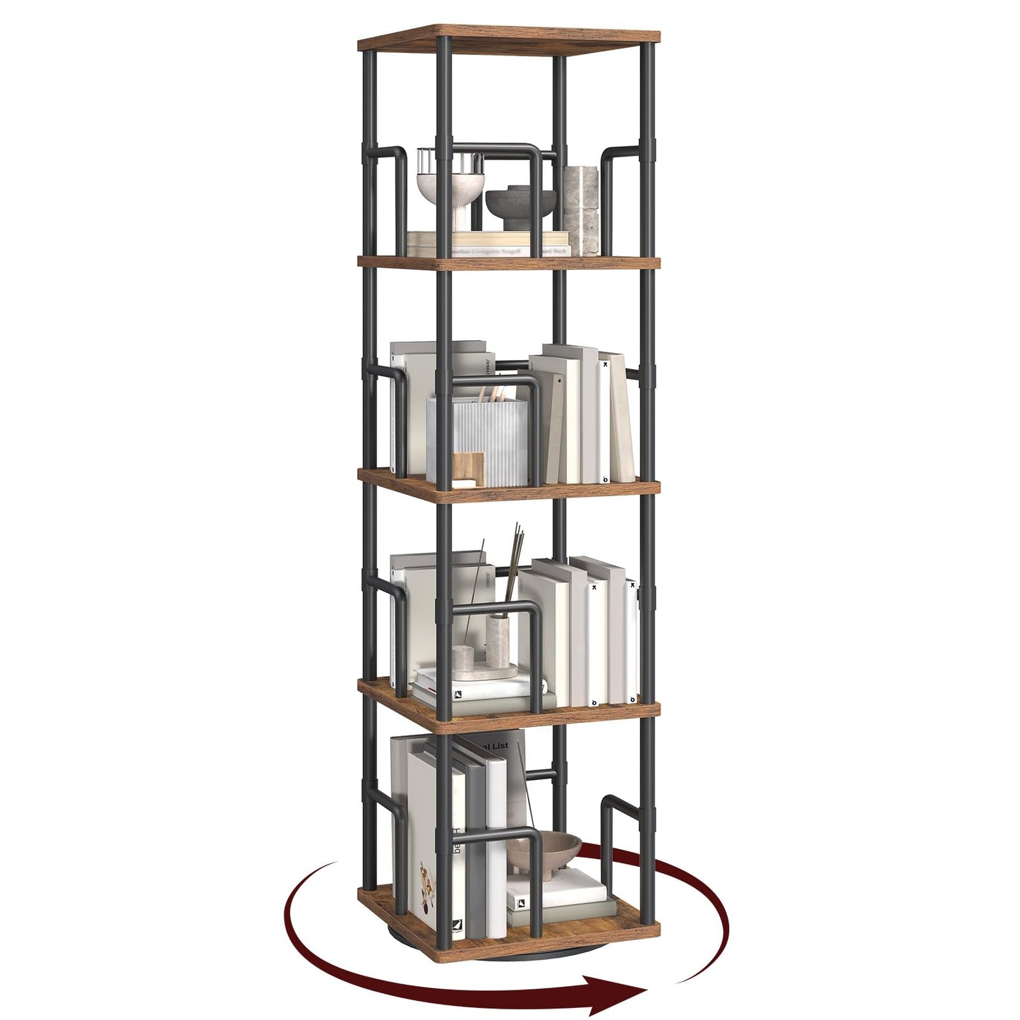 MAHANCRIS Rotating Bookshelf, 4-Tier Spinning Bookcase, 360° Revolving Bookcase, Storage Turning Shelf with Rails for Corner, Living Room, Bedroom