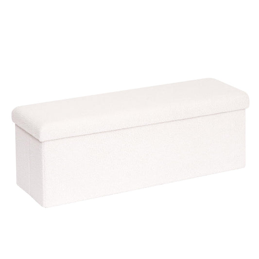 Bonlife Folding Ottoman Storage Bench,Boucle Footstool for Living Room,End of Bed Bench,Sherpa Ottomans Foot Rest,140L Storage Space,White,110x38x38cm
