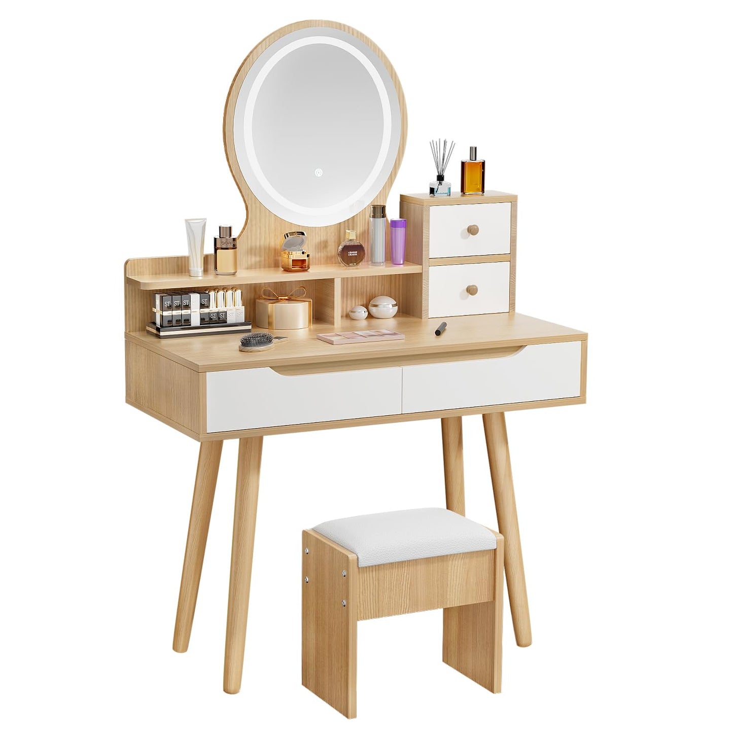 Dressing Table with Round Mirror and Lights, Small Vanity Desk with Stool
