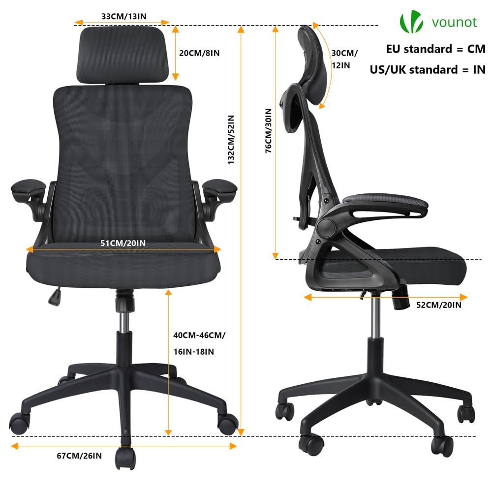 VOUNOT® Ergonomic Office Chair, High Back Mesh Desk Chair with Adjustable Lumbar Support & Headrest, Swivel Computer Chair for Home Office, Black