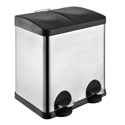 Amig - Double Recycling Bin with Pedals Mod. RECIK2 | Anti-smudge Kitchen Bin | Stainless Steel | 2 Compartments x 15 L | 48 x 32 x 40 cm | Silver and
