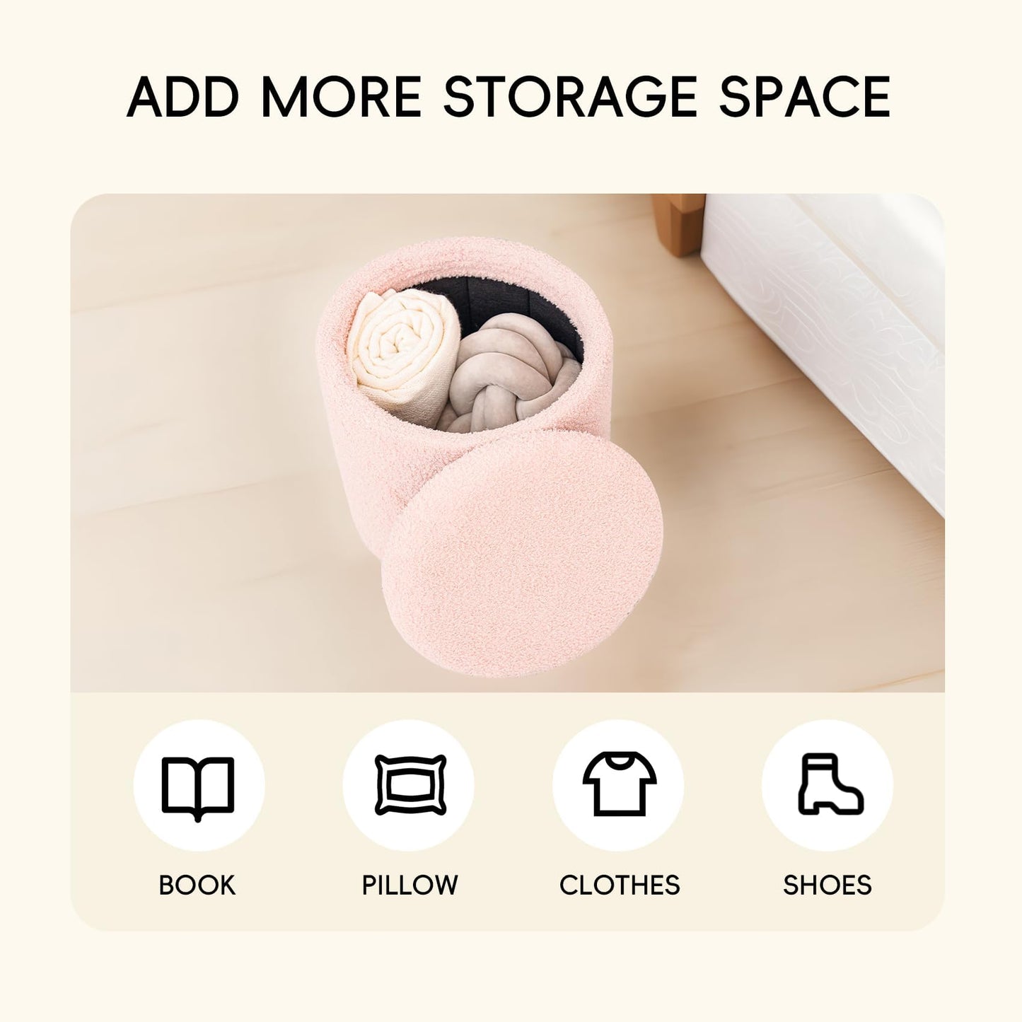 PINPLUS Round Ottoman Storage Box, Folding Stool, Pink, 33x33x35 cm