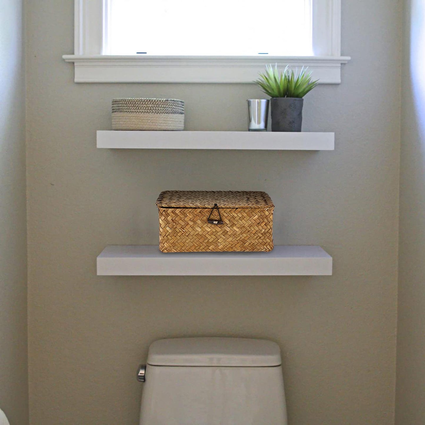 IGNPION Seagrass Storage Basket with Lid Woven Seagrass Desktop Basket Rectangular Bathroom Storage Organiser Box
