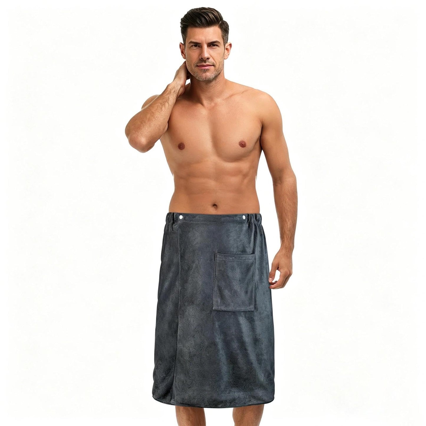 HUANYO Men's Bath Towel Wrap with Pocket – Adjustable, Super Absorbent Towel Skirt for Home, Gym, Spa, Beach & Pool (Grey)