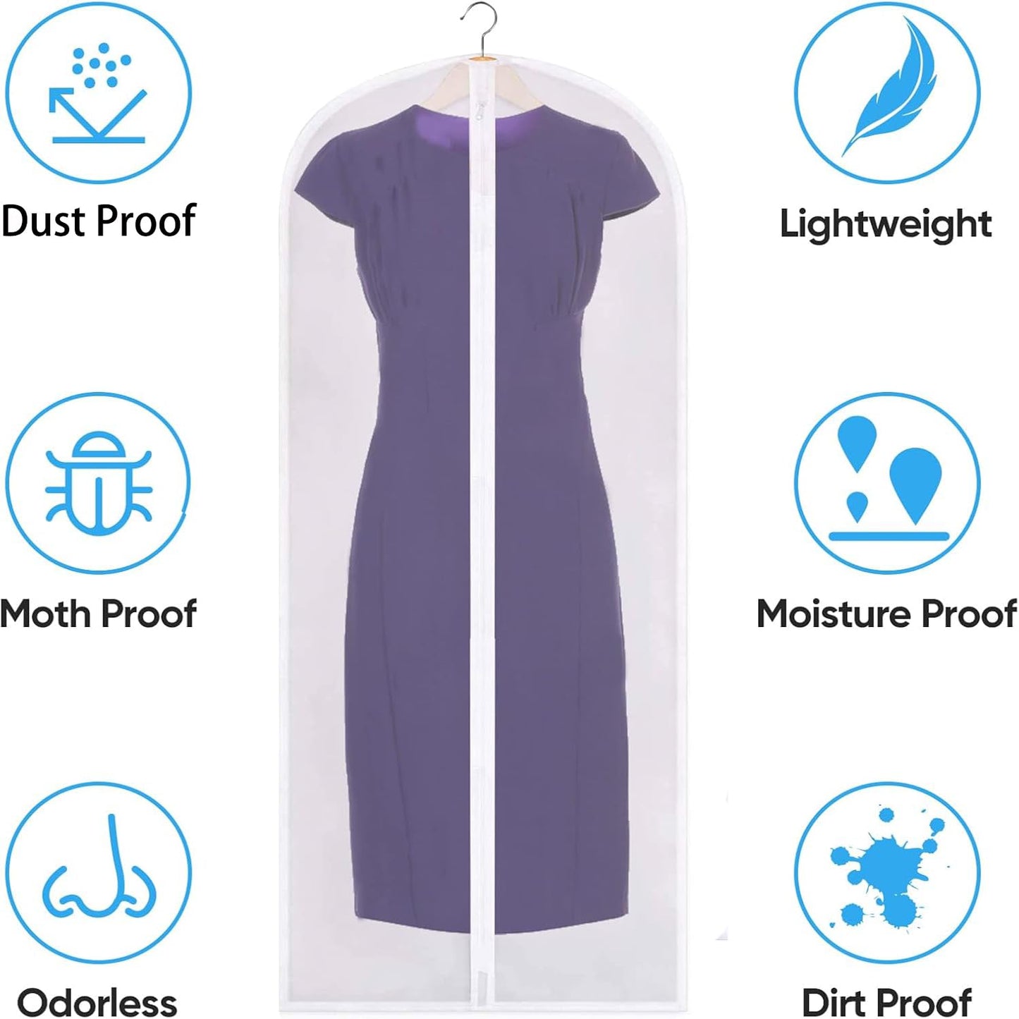 Garment Bags, pack of 5, 60 cm x 140 cm, translucent PEVA Dress bags with zippers, durable Clothes Covers, Reusable Garment Bags for Suits, Dresses