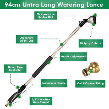 RESTMO Watering Lance Heavy Duty, 94cm Metal Spray Lance | 180? Adjustable Ratcheting Head | 10 Spray Patterns Hose Wand, Perfect Garden Long Sprayer