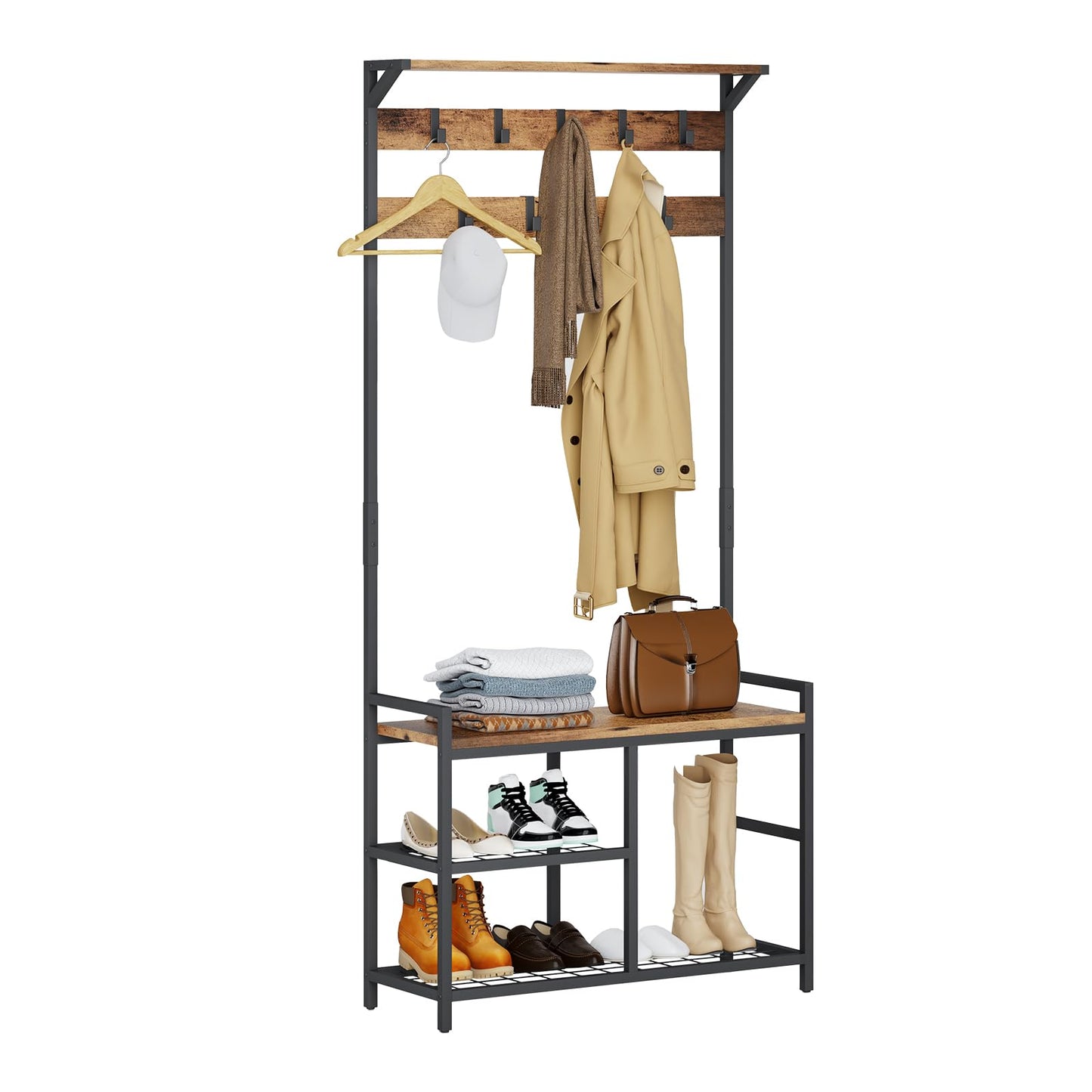 Industrial Coat Rack Freestanding Hall Tree 33"x12"x71.5" Rustic Brown