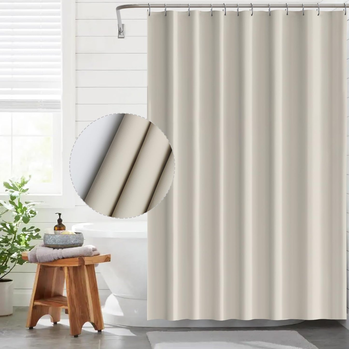 Funria EVA Shower Curtain Waterproof Bathroom Curtains with 12 Hooks for Wet Room Long Bath Curtains for Bathtubs and Shower Stall Beige Shower