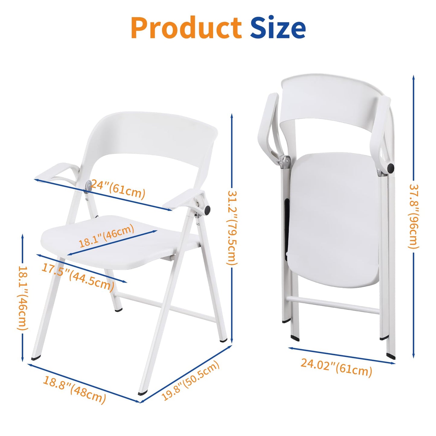 TAO ONE White Office Chair with Arms, Plastic Folding Chairs, Comfort Stackable Dining Chairs,Portable Foldable Chair with Steel Frame for Indoor