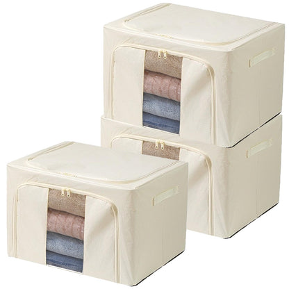Goesort 3 Pack Clothes Storage Boxes with Steel Frame Support, 66L Moving Bag Wardrobe Storage Organiser Packing Boxes for Moving House with Clear