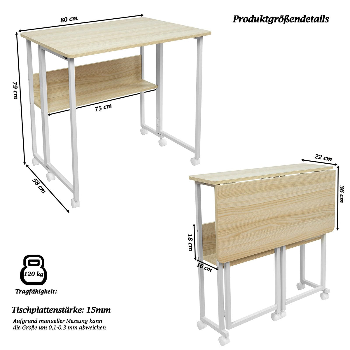 Fiutazge Folding Desk with Wheels, Small Folding Computer Table with Shelf, Folding Table for Home, Office, Industrial Design, Oak 80 x 58 x 75 cm
