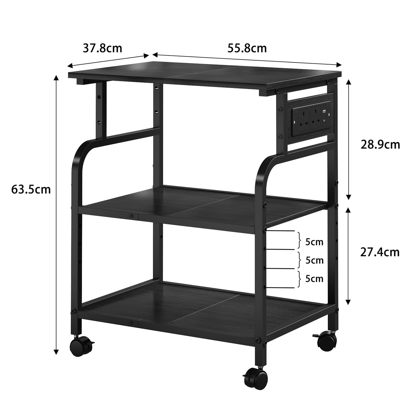 OYRREU 3-Tier Rolling Printer Stand with Outlets for Home, Office, Black