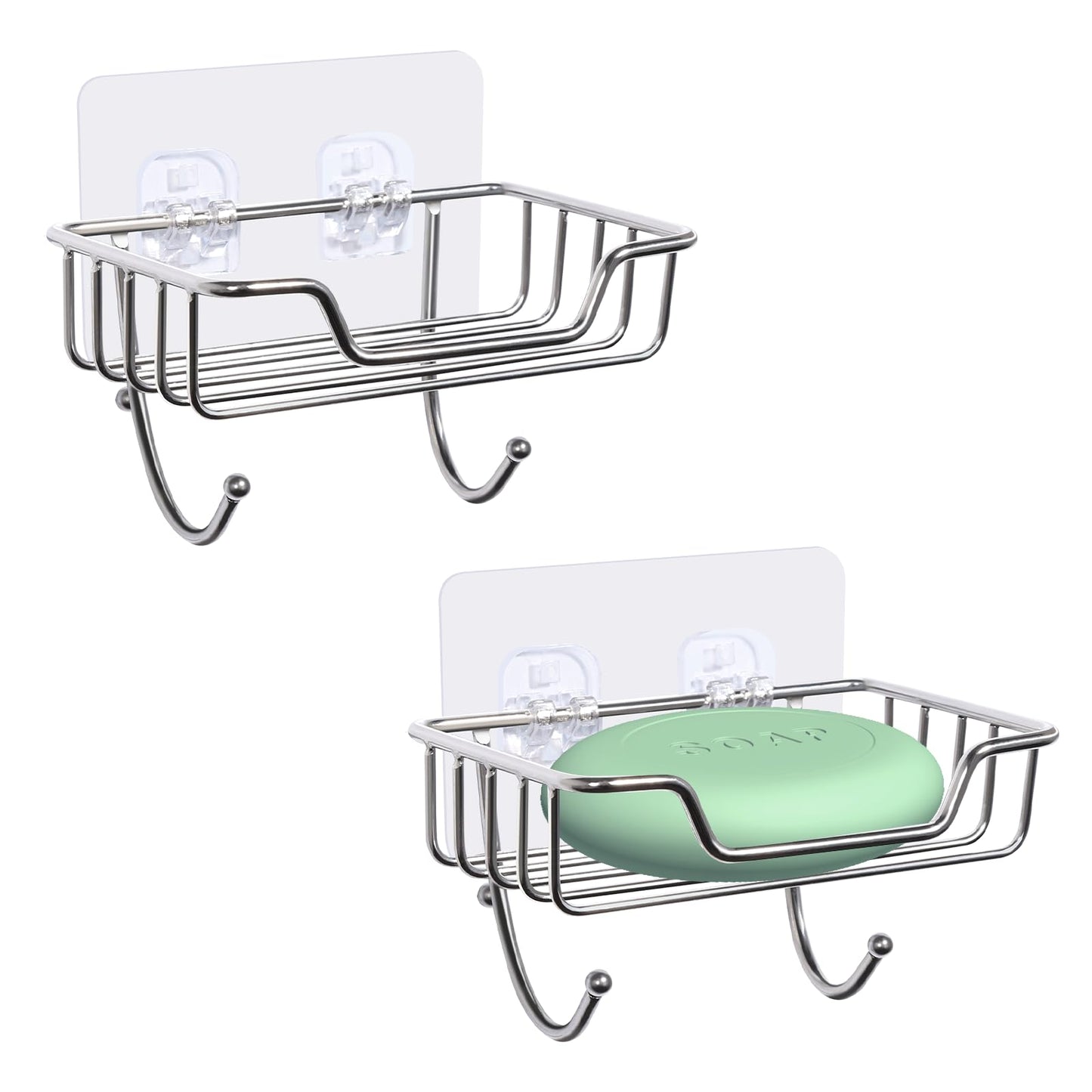 Uten 2 Pcs Strong Self Adhesive Soap Dish, Stainless Steel Soap Holder with Hook No Drilling, Wall Mounted Soap Tray for Shower Bathroom Kitchen
