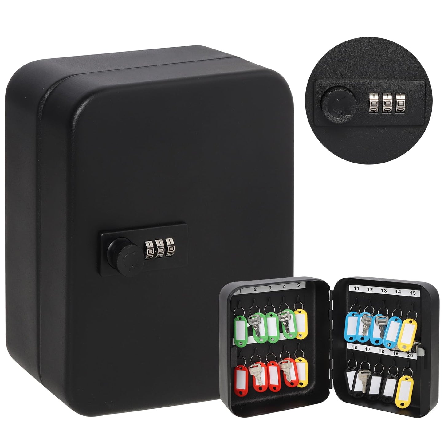 Parrency Combination Lock Key Box with 20 Hooks, Large Wall Mount Combination Lock Cabinet, 7 4/5" x 6 3/10" x 3" (Key Tags Included)