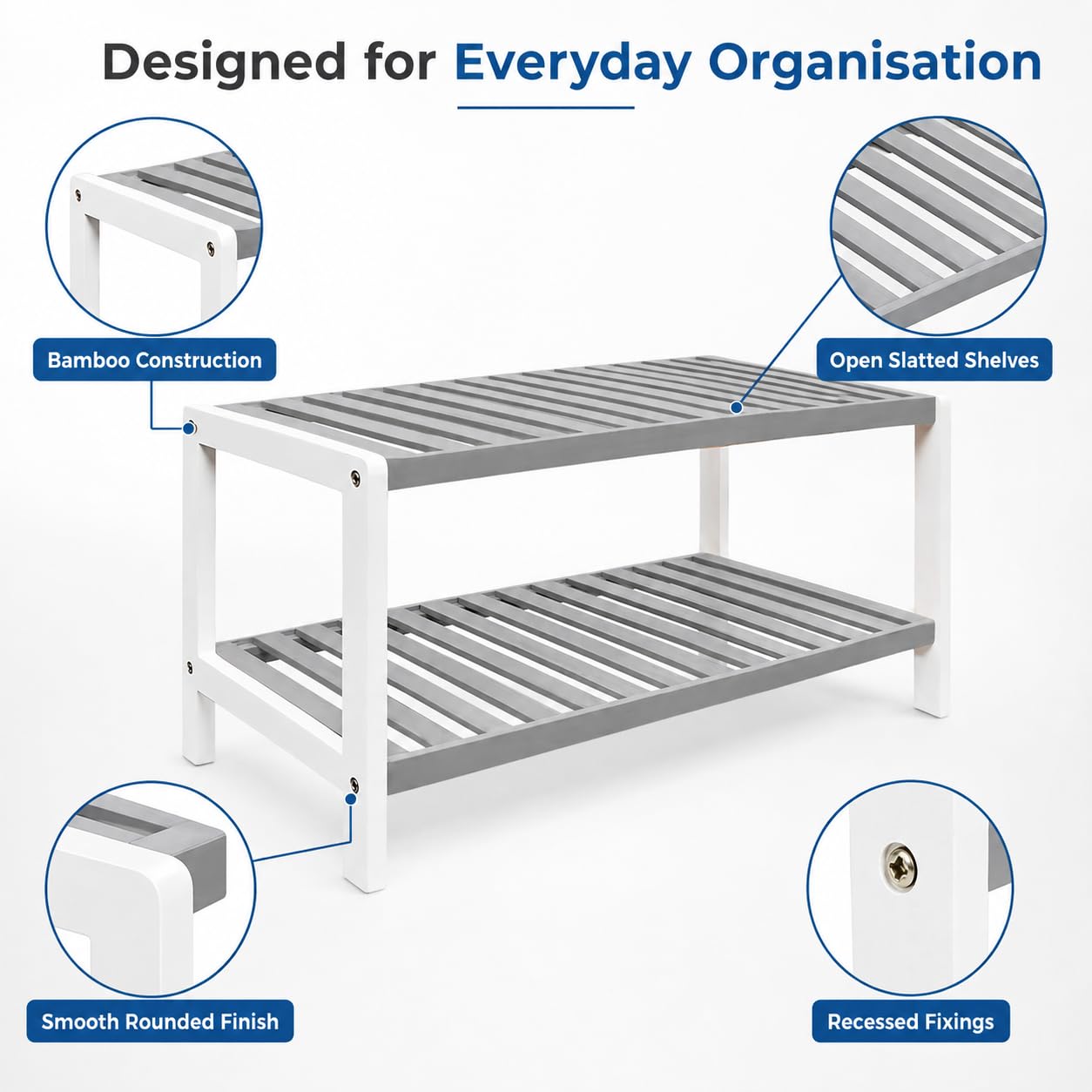 1ABOVE Bamboo Shoe Rack, Plant Rack, Perfect for Corridor, Living Room, Bathroom, Bedroom, Hallway or Small spaces-Parent. (Grey & White, 2 Tier)