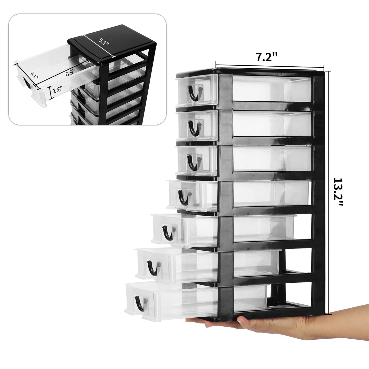 Rempry 7.1"x5.1"x13.2" Mini Organizer Box Storage Container Case with 7 Clear Desktop Drawer Units,Black