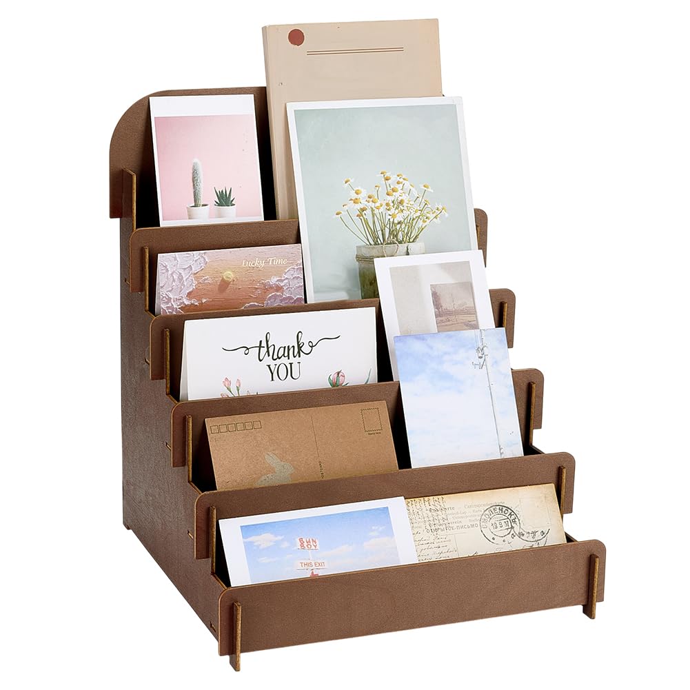 PH PandaHall 5-Tier Greeting Card Display Stand, Brown Wooden Card Holder Stand Postcard Rack for Retail Stores Postcards Stickers Stationery Vendors