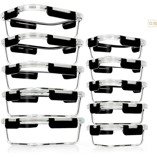 Glass Containers with Lids, 10 Pack Airtight Glass Meal Prep Containers, Glass Food Storage Containers, Reusable, Stackable, Microwave, Oven, Freezer and Dishwasher, 1050ml & 370ml (Black)