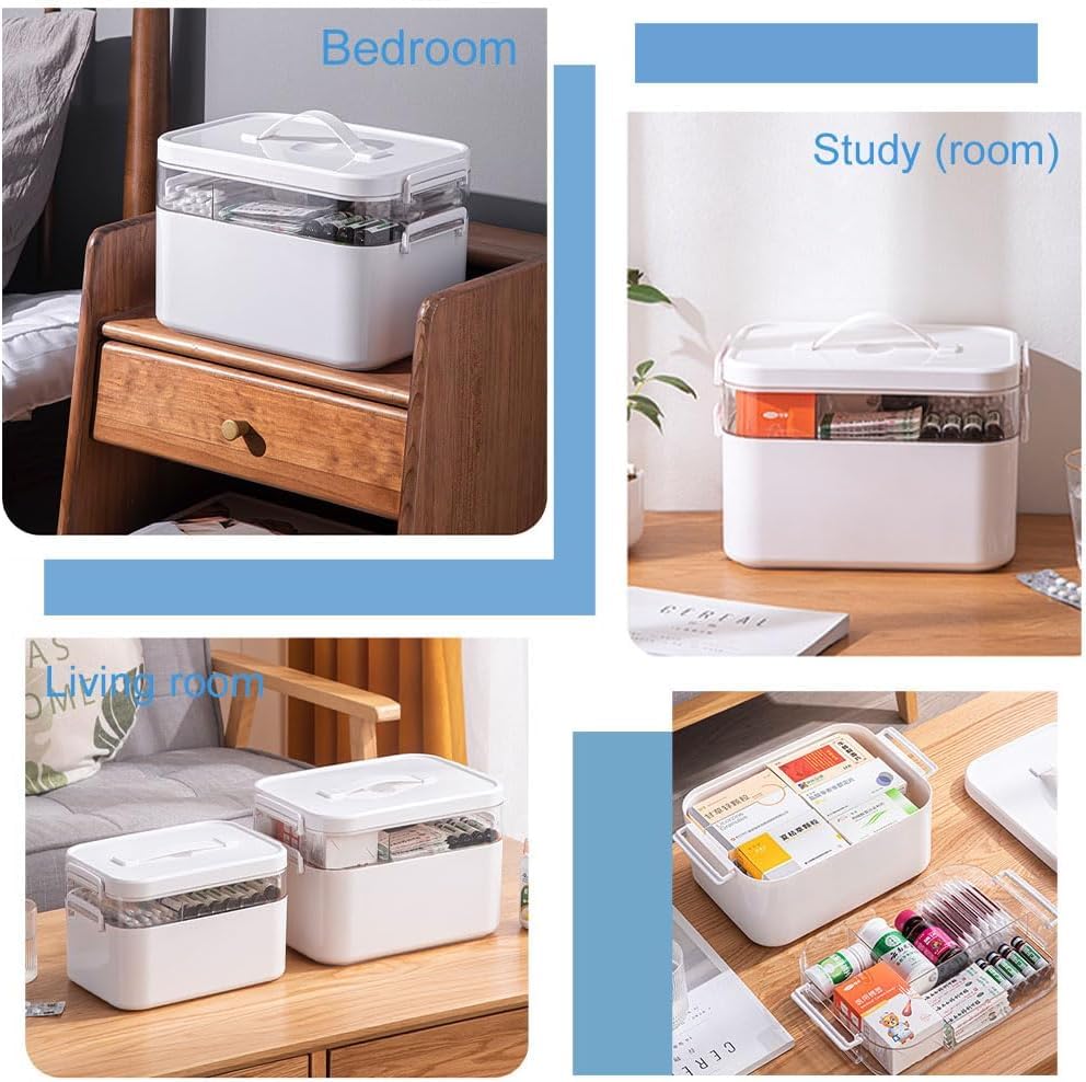 Medicine Storage Box, Double Layers Multi Grid Organiser With Lid, Portable First Aid Cabinet for Home, School, Office L
