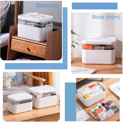 Medicine Storage Box, Double Layers Multi Grid Organiser With Lid, Portable First Aid Cabinet for Home, School, Office L