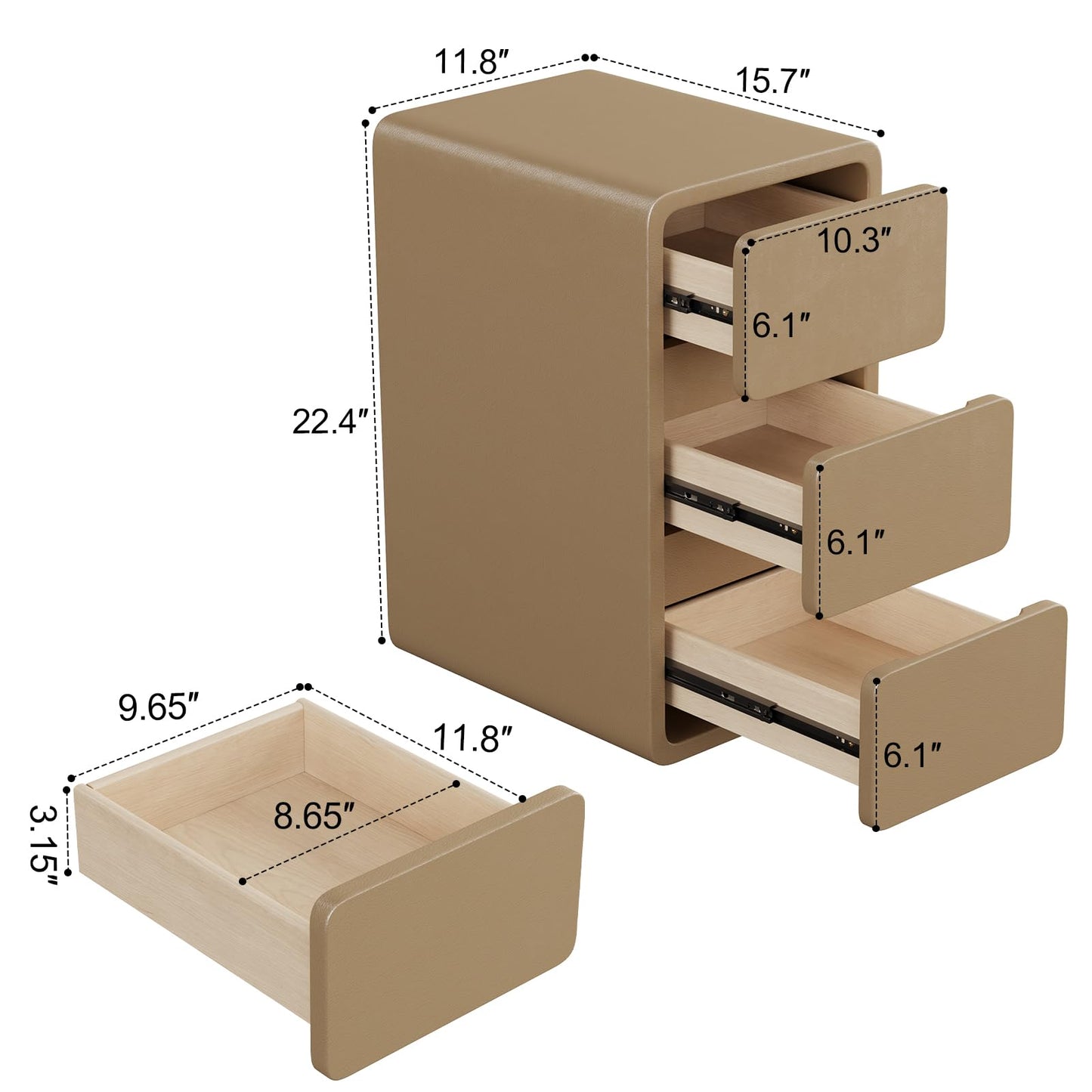 AQIMUELE Small Bedside Table, Slim Bedside Table with 3 Drawers, Assembled Narrow Side End Table with Leather Surface for Bedroom, 30cm (Khaki)