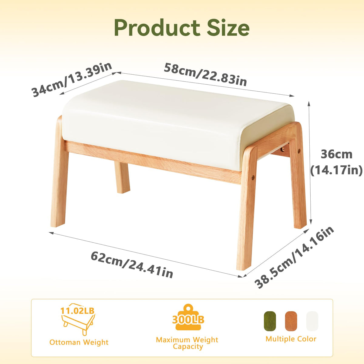 IBUYKE 14.2” H Large Foot Stool Ottoman, Rectangle PU Faux Leather Foot Rest with Padded Seat and Wood Legs