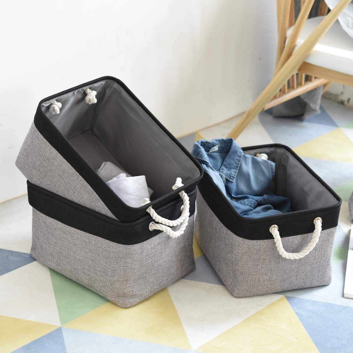 TheWarmHome Collapsible Storage Bin for Shelves - 16x12x8 inch Large 3 Pack Storage Basket for Organizing with Rope