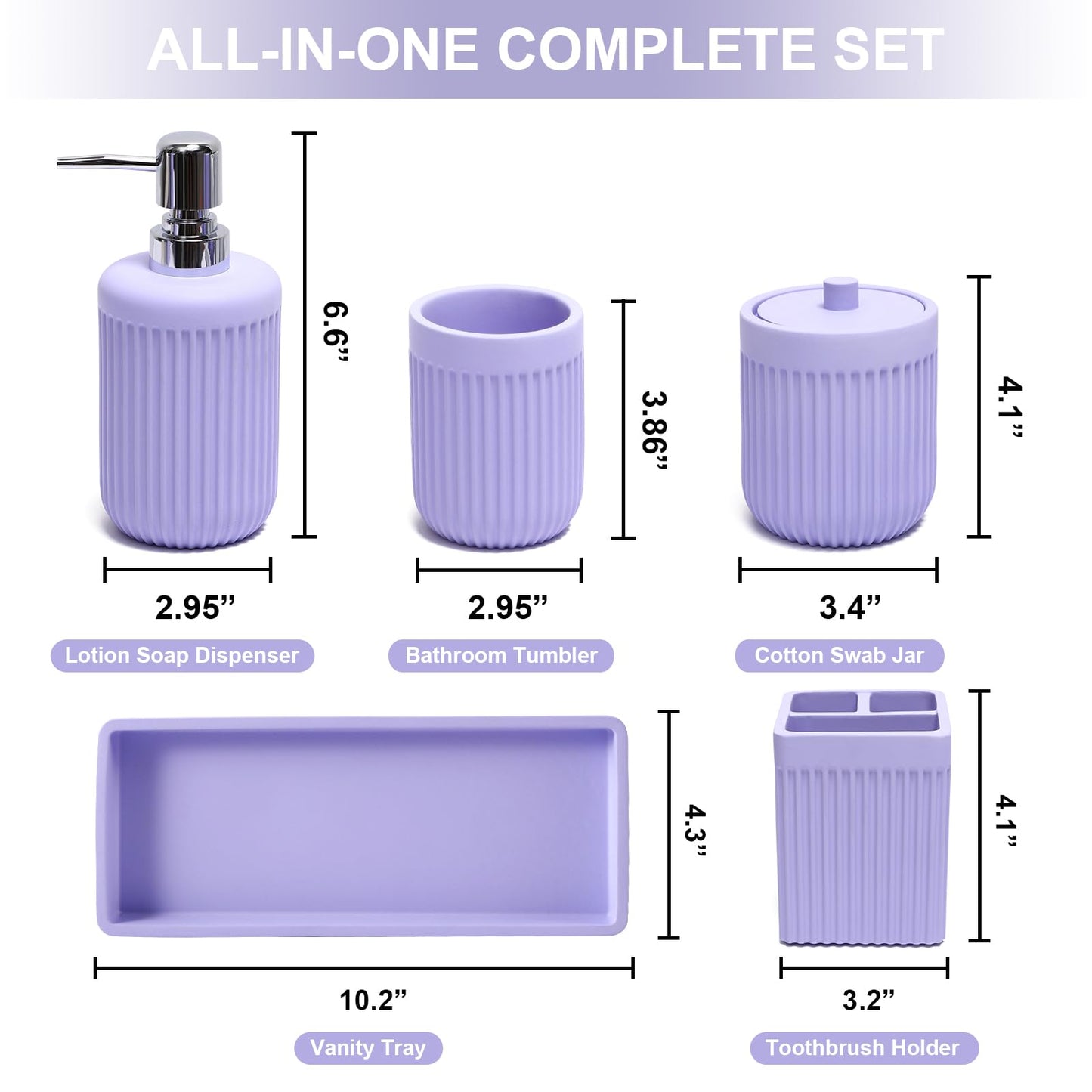 XLHOMO Resin Light Purple Bathroom Accessories Set 5 Pcs, Lotion Soap Dispenser, Toothbrush Holder, Bathroom Tumbler, Qtip Holder and Vanity Tray