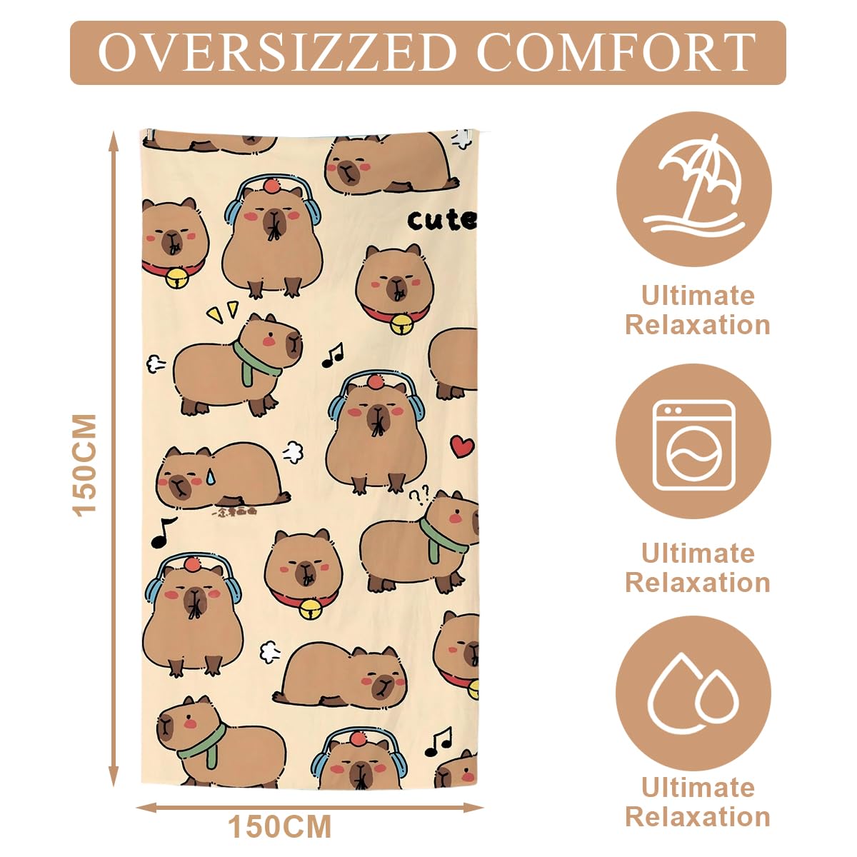 WFKKMEQ Capybara Beach Towel, Quick Dry Microfibre Towels Super Absorbent Sandproof Beachs Bath Towels Pool Towel SwimmingTowel Lightweight Printed