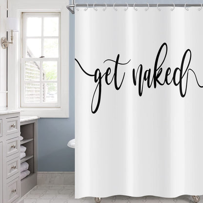Hnmdmyi White Shower Curtain 180x180, Black Art Font Words Get Naked Shower Curtains Funny Quotes Beautiful and Cool Bathroom Curtains Waterproof