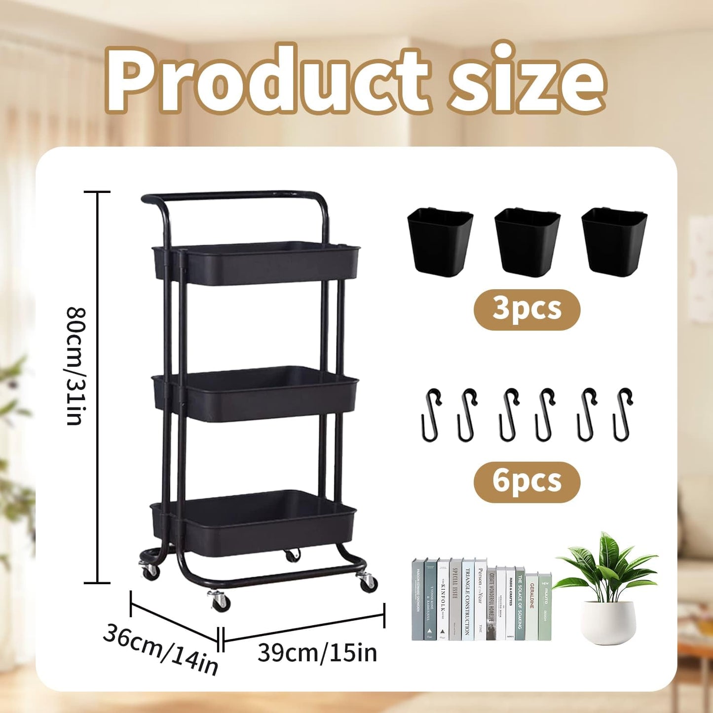 3 Tier Trolley Rolling Utility Storage Car with Wheels&Hanging Cups&Hooks