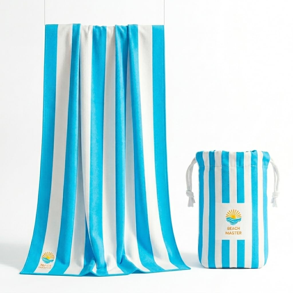 Beach Master Large Microfibre Beach Towel for Adults – Quick Dry & Sand Free Lightweight Travel Towel with Carry Bag, 160 x 80cm – Blue Stripe