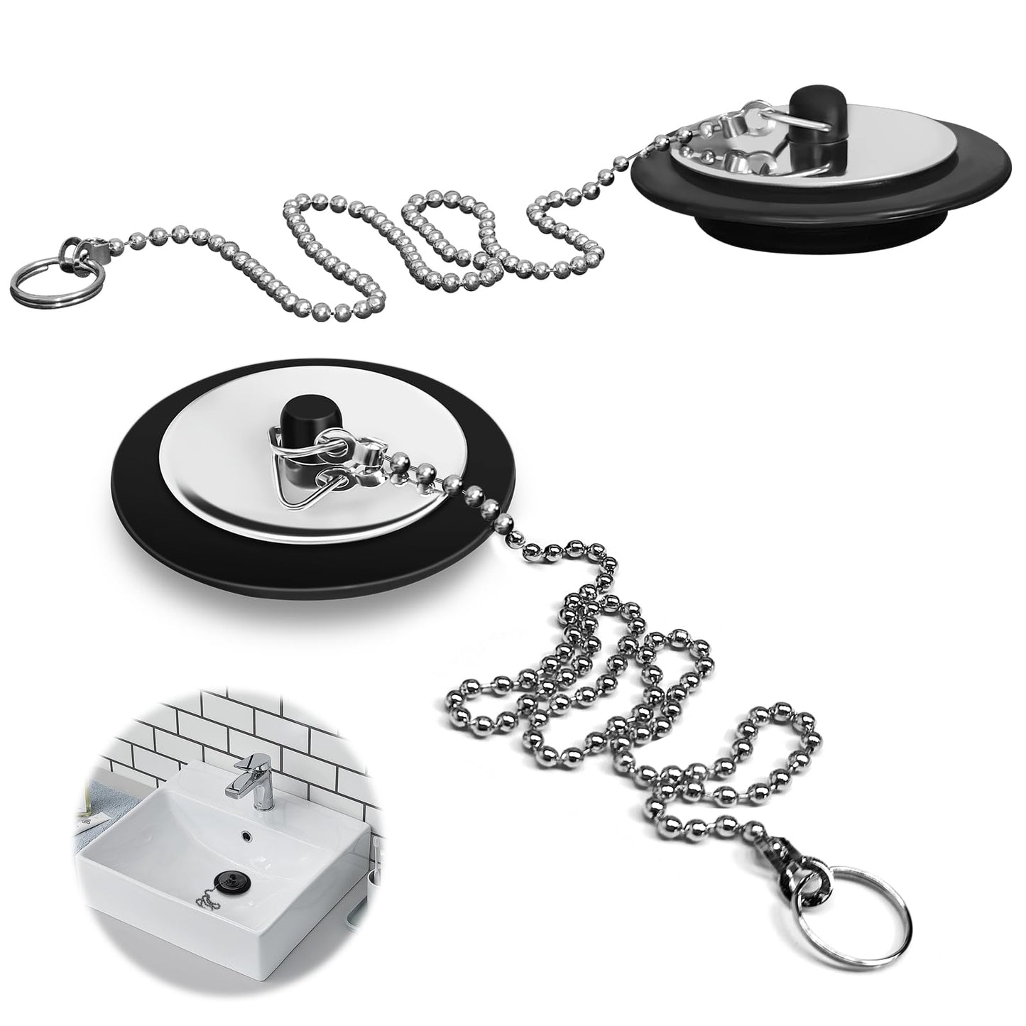 QINCINA 2 Pcs Universal Sink Plug, Black Rubber, 43mm, 23mm, Kitchen & Bathroom Sink Plug Replacement, 40cm Stainless Steel Chain (2 Pack)