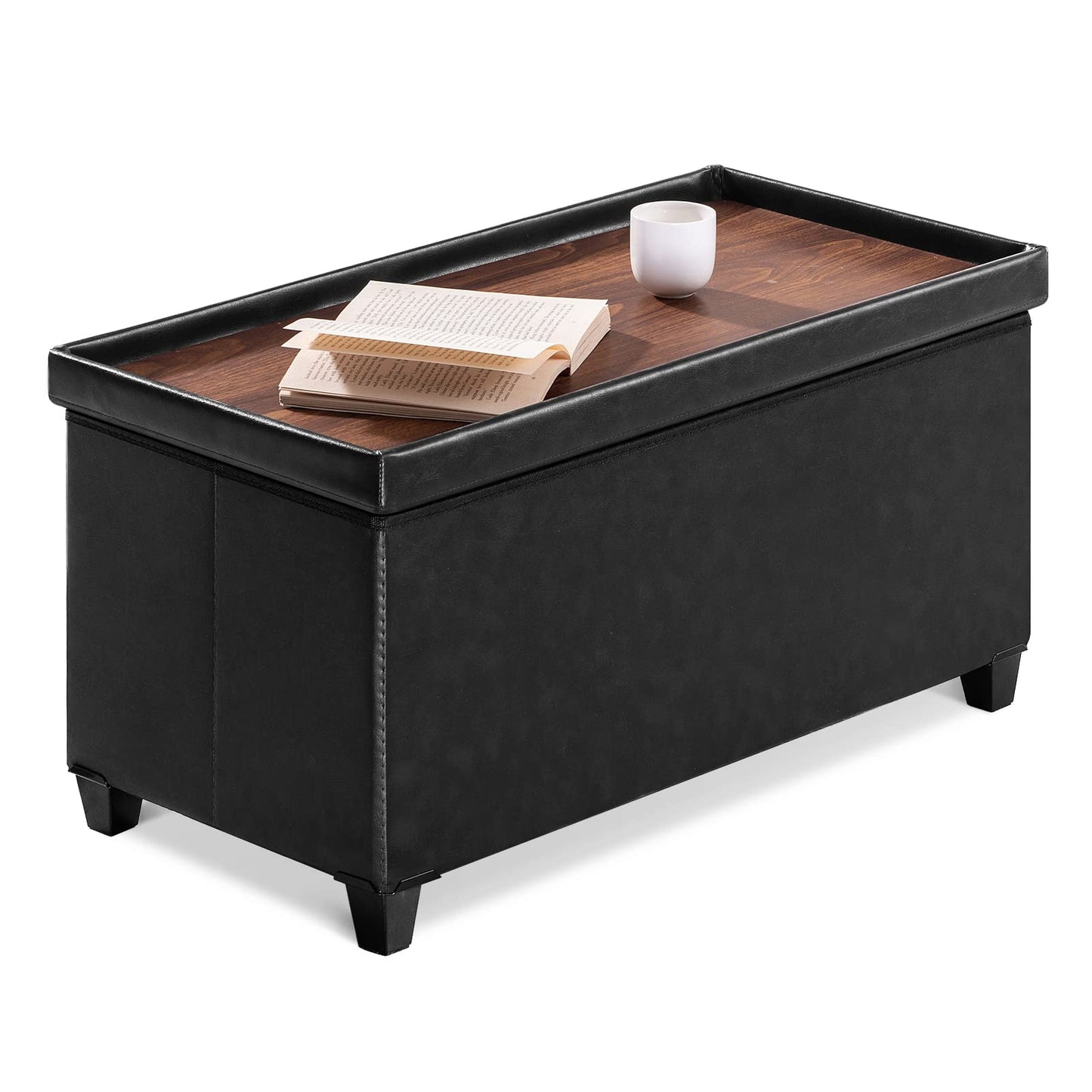BRIAN & DANY Ottoman Storage Box with 4 Wood Legs, Faux Leather Storage Ottoman, Ottomans for Living Room, Black, 76 x 38 x 38 cm