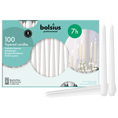 Bolsius Tapered Dinner Candles (Pack of 100), White, Length: 25.4 cm/10 inch, Wax Candles, Tabletop Restaurant Candles, Romantic Dining, P960