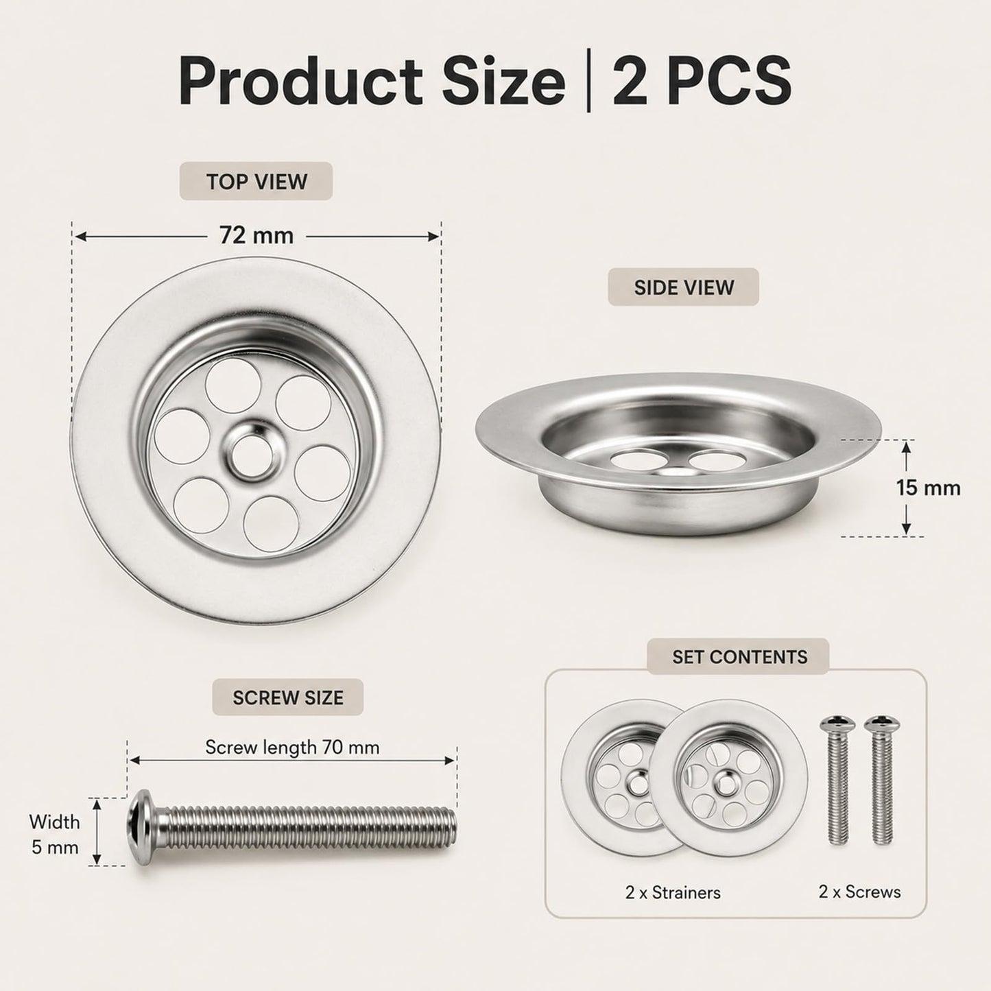 2 Pack 70mm Screw-In Sink Strainer Waste Baskets for Kitchen & Bathroom