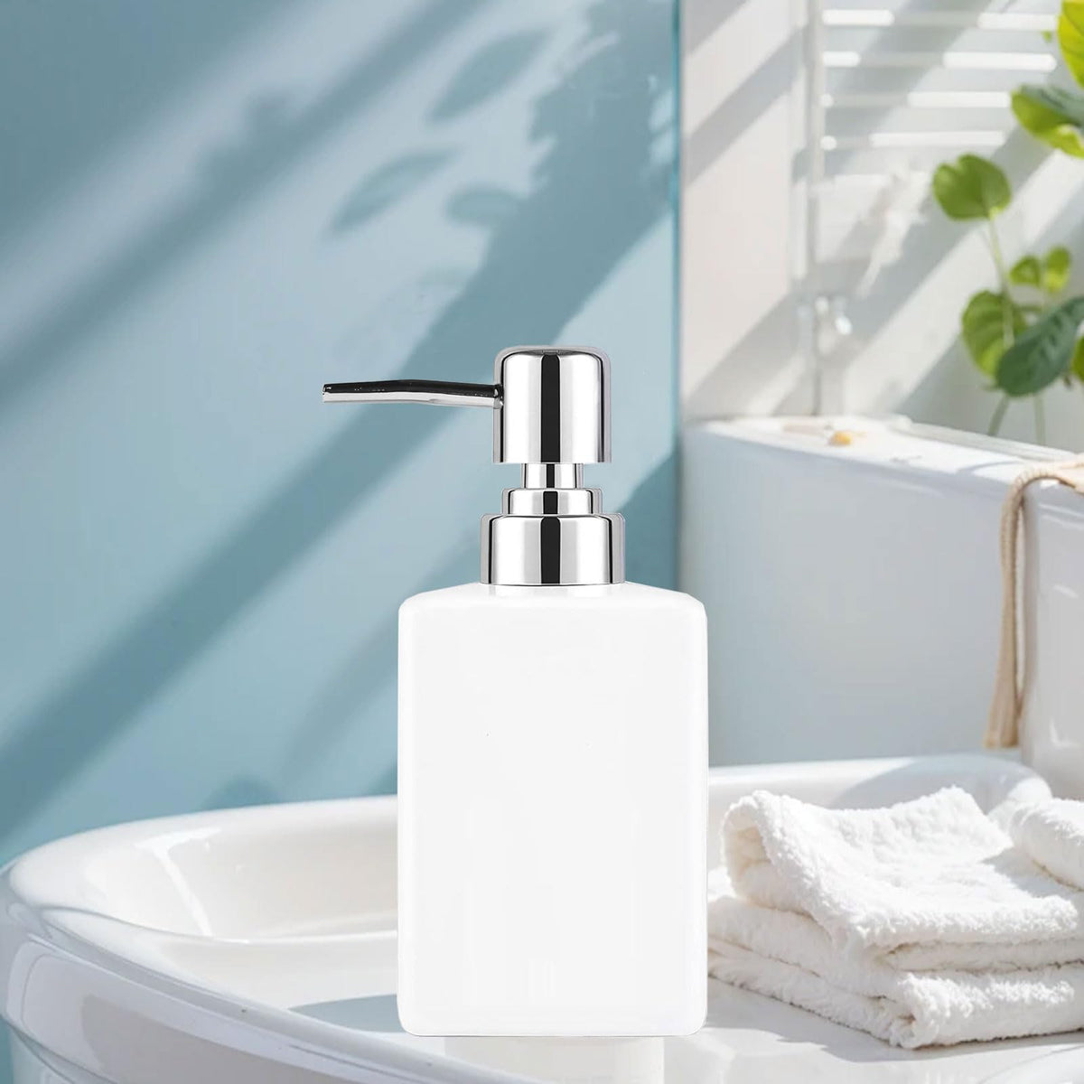 White Ceramic Soap Dispenser, 300ml Square Bathroom Soap Dispenser, Refillable Kitchen Bathroom Liquid Soap Dispenser for Hand Wash