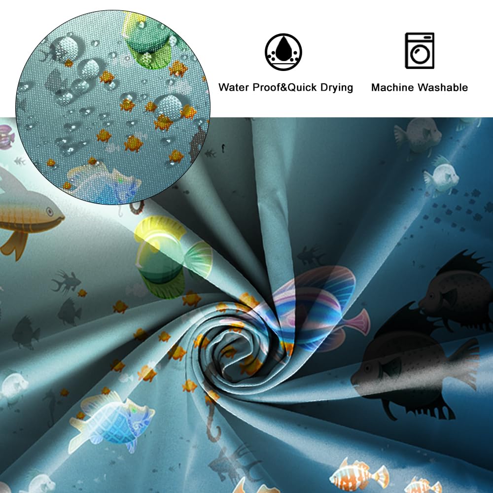 SDOTPMT 140x183cm Cartoon Fish Shower Curtain Colorful Tropical Fishes Hippocampus Marine Animal Bath Curtain Blue Ocean Bathtub Curtain for Bathroom
