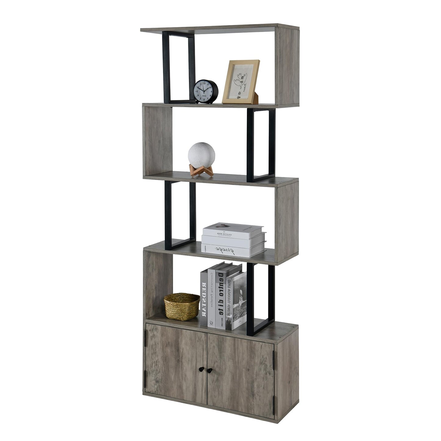 PADMA HOUSE Geometric Bookcase, Wood Display Shelves With Storage,Industrial Bookshelf for Living Room Bedroom, Home Office (Mottled Grey 1)