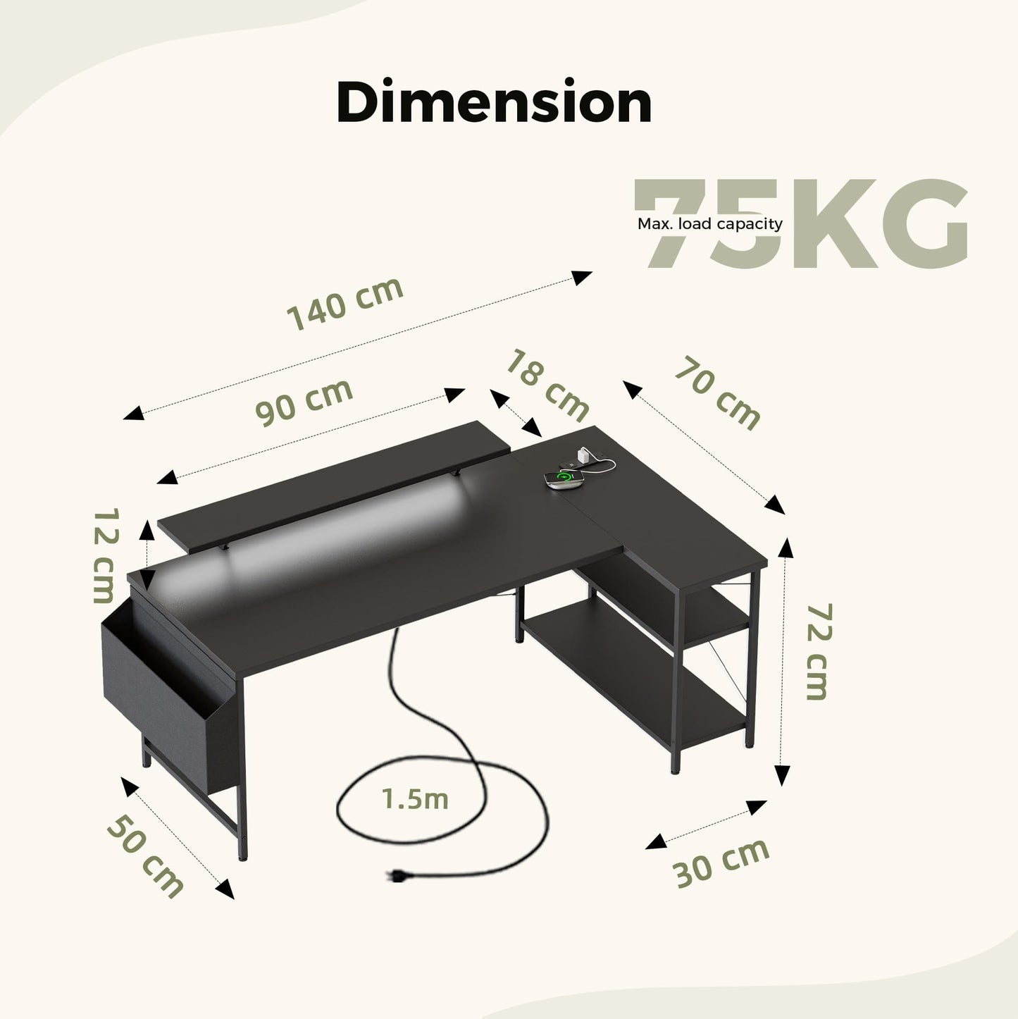Mericonia Corner Desk, w. Monitorstand & Built-in Socket, 140x70cm, Black