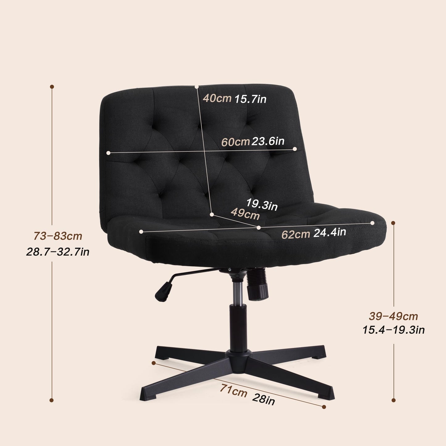 WangPangzi Armless Desk Chair, Cross legged Vanity chair with Wide Seat and No Wheels, Cotton-Linen Fabric, for Home Office, Study, Bedroom(Black)