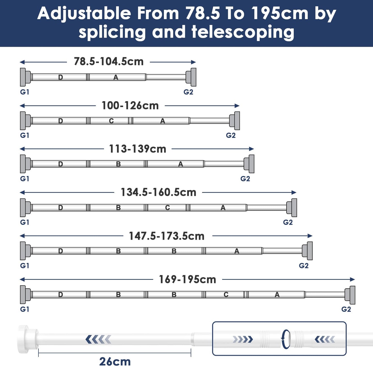 AIZESIShower Pole,Tension Rods 79 To 195 Cm, Spring Tension Curtain Rod, Tension Rods For Curtains