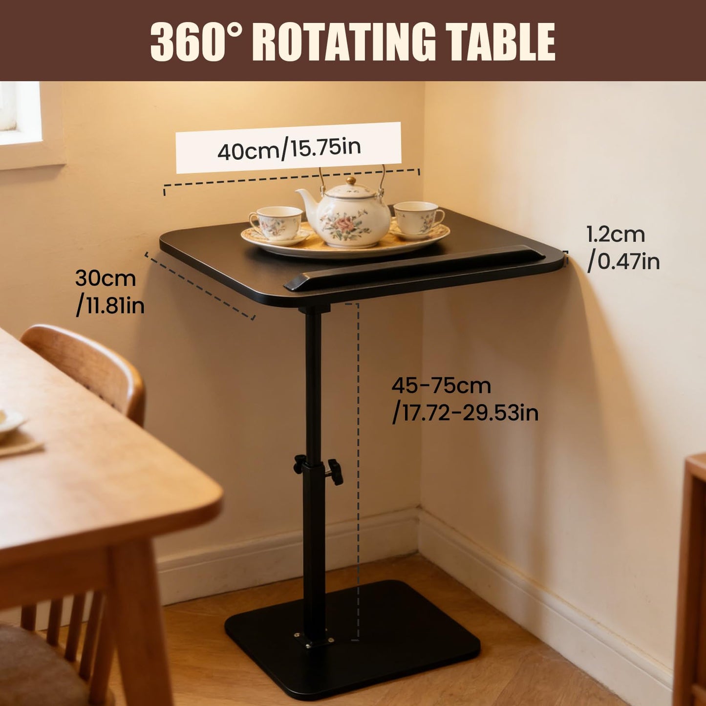 Vixtte 360° Rotating Coffee Table with Slots, Adjustable Height C-Shaped Side Table, Multi-Functional Sofa Side Table/Bed Table (Black)