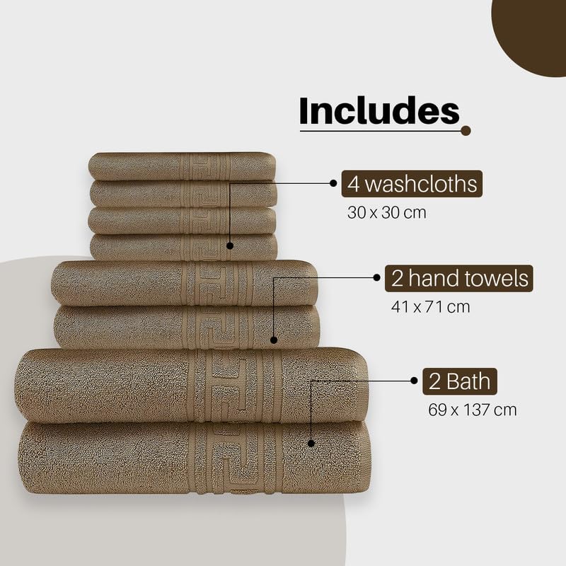 DTEX HOMES Bath Towel sets 8 pieces towel sets 100% Egyptian Cotton 600 GSM, 2 Bath Towels, 2 Hand Towels, 4 Washcloths, 2 x Large Bath Sheets - Brown