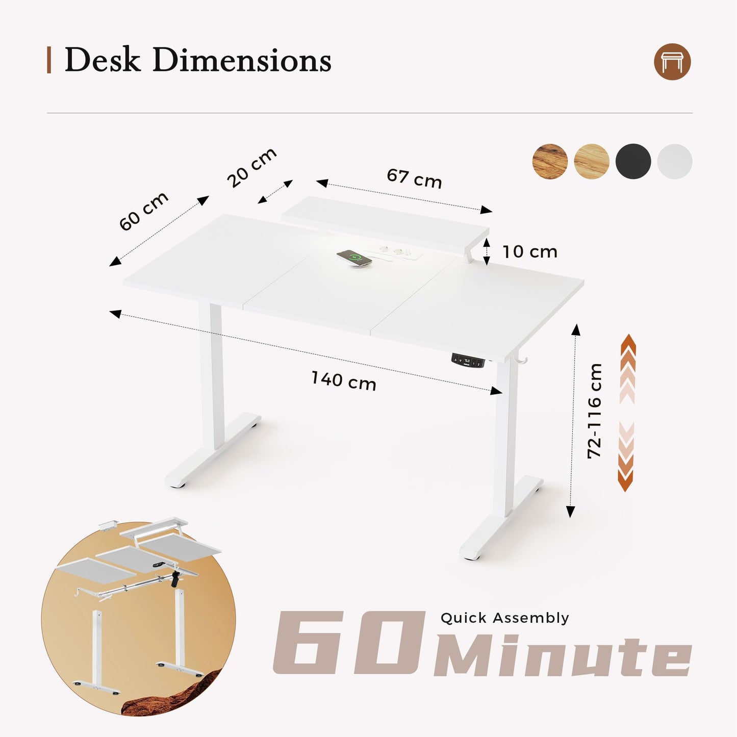 Klicelor Electric Standing Desk, Led & Plug, Movable Monitorstand, 140x60