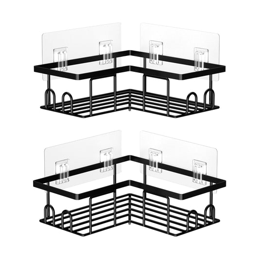 UUlioyer Corner Shower Caddy, Rustproof Bathroom Shelf No Drilling, Bath Storage with Hooks (2-Pack Corner Shower Caddy- Black)