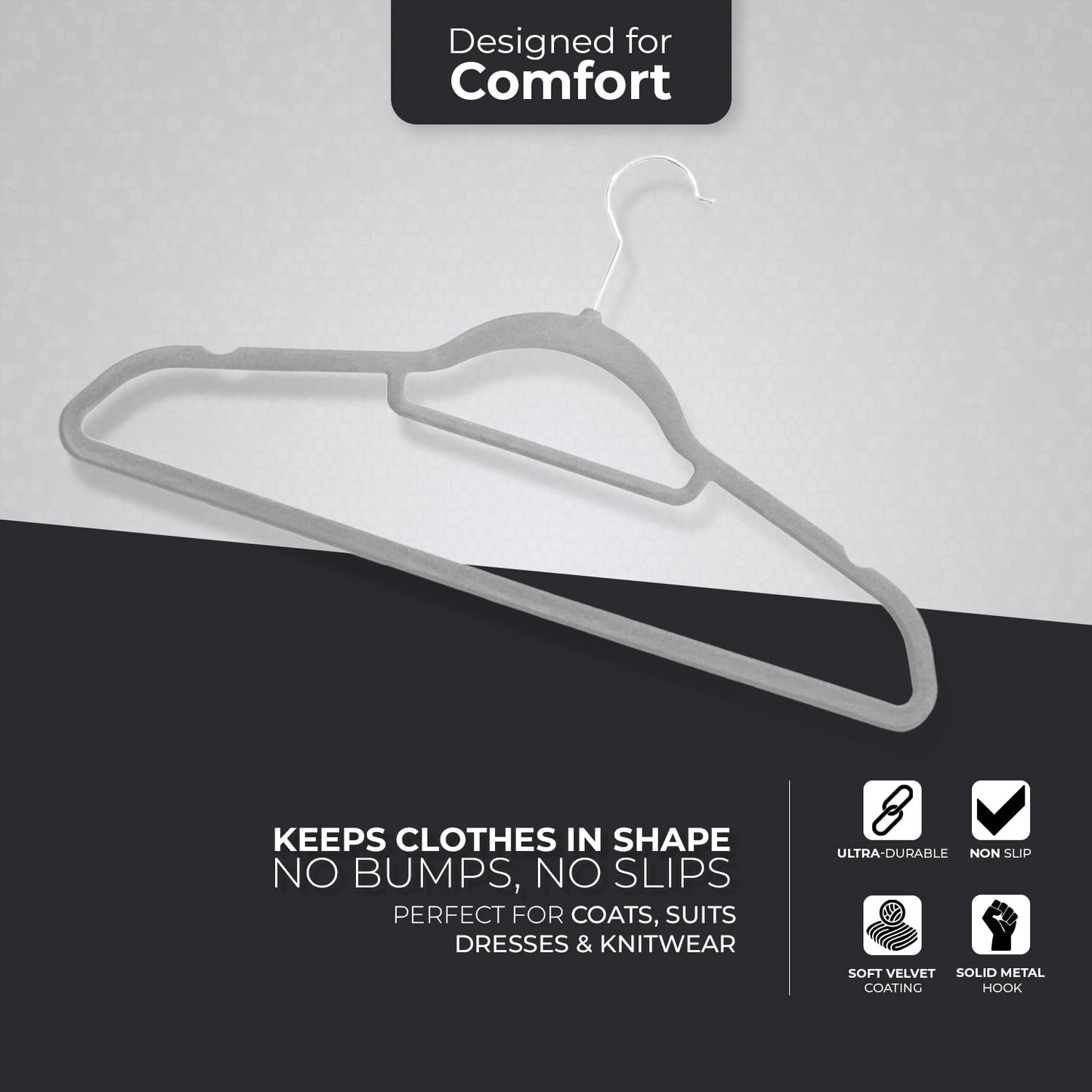 Roe Tenpo Coat Hangers, 20 Pack, Grey | Velvet Hangers for Clothes with Tie Bar & 360° Hook | Durable & Sturdy | Non-Slip